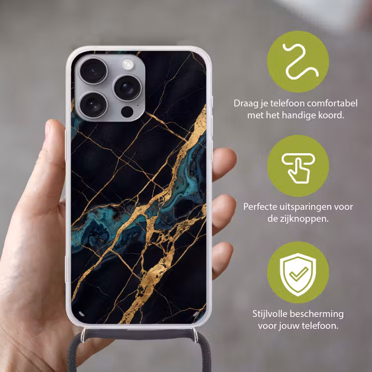 Abstract - Gouden lijnen - Kunst - Modern - Zwart Hoesje iPhone 16 Pro Max met koord klein -sfeer2_NL