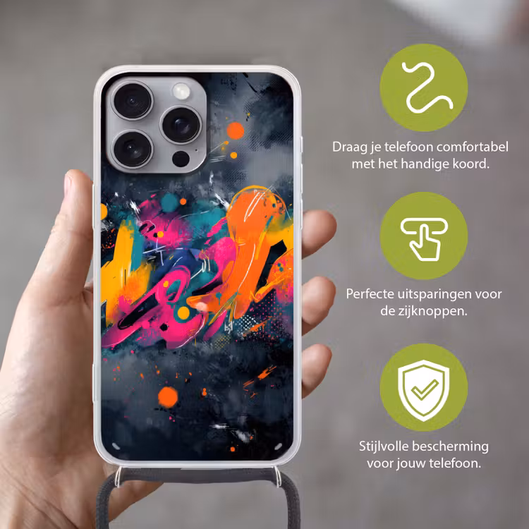 Abstract - Graffiti - Kleurrijk - Verfspatten Hoesje iPhone 16 Pro Max met koord klein -sfeer2_NL