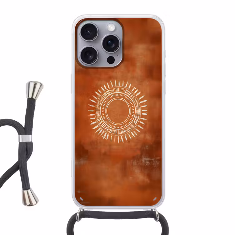 Abstract - Lijnen - Zonnestralen - Roodbruin Hoesje iPhone 16 Pro Max met koord klein -3d