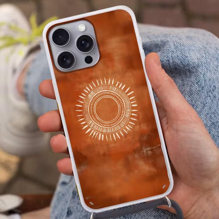 Abstract - Lijnen - Zonnestralen - Roodbruin Hoesje iPhone 16 Pro Max met koord klein -sfeer3