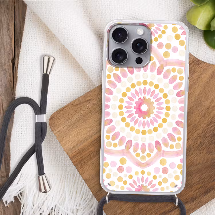 Abstract - Mandala - Kunst - Modern - Roze Hoesje iPhone 16 Pro Max met koord klein -sfeer4