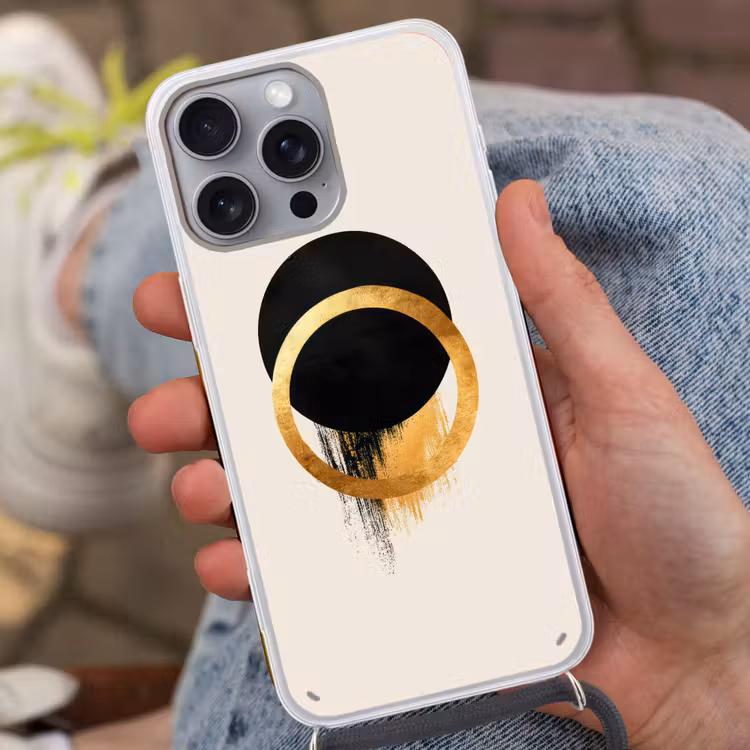 Abstract ontwerp - Zwarte cirkel - Verfvlekken Hoesje iPhone 16 Pro Max met koord klein -sfeer3