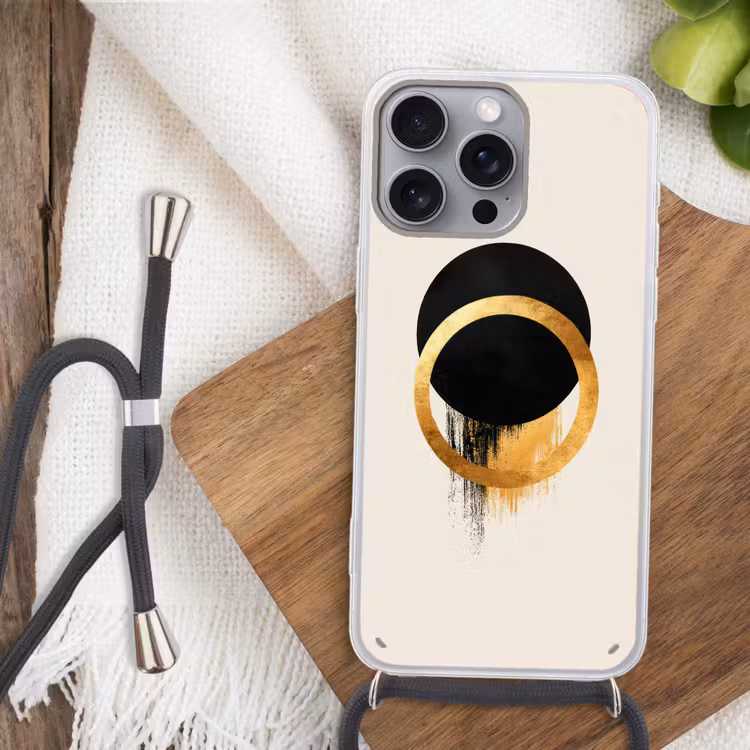 Abstract ontwerp - Zwarte cirkel - Verfvlekken Hoesje iPhone 16 Pro Max met koord klein -sfeer4