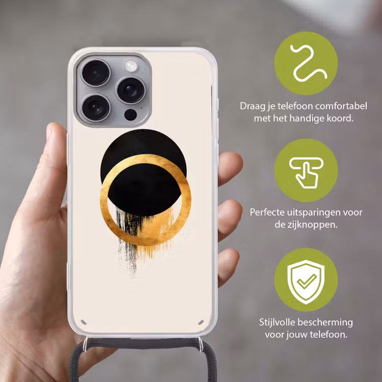 Abstract ontwerp - Zwarte cirkel - Verfvlekken Hoesje iPhone 16 Pro Max met koord klein -sfeer2_NL