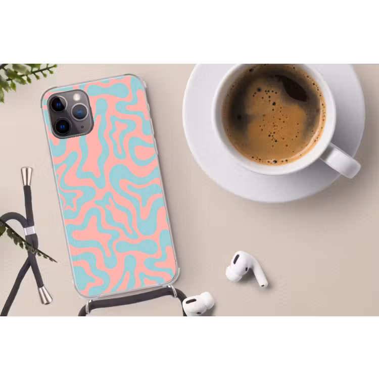 Abstract - Patroon - Blauw - Roze - Kleurrijk Hoesje iPhone 12 Pro met koord klein -oordop