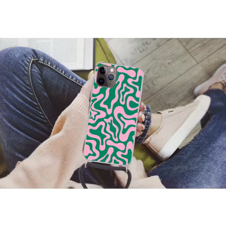 Abstract - Patroon - Groen - Roze - Kleurrijk Hoesje iPhone 12 Pro met koord klein -hand