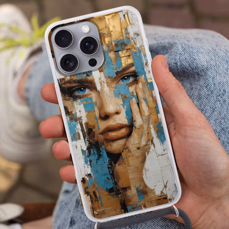 Abstract - Penseelstreken - Blauw - Gezicht Hoesje iPhone 16 Pro Max met koord klein -sfeer3