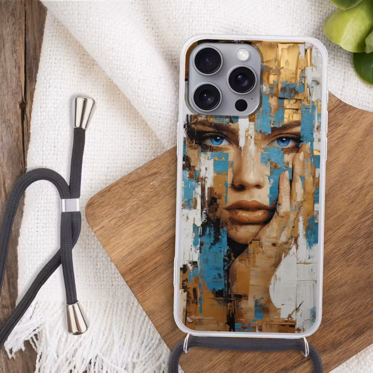 Abstract - Penseelstreken - Blauw - Gezicht Hoesje iPhone 16 Pro Max met koord klein -sfeer4