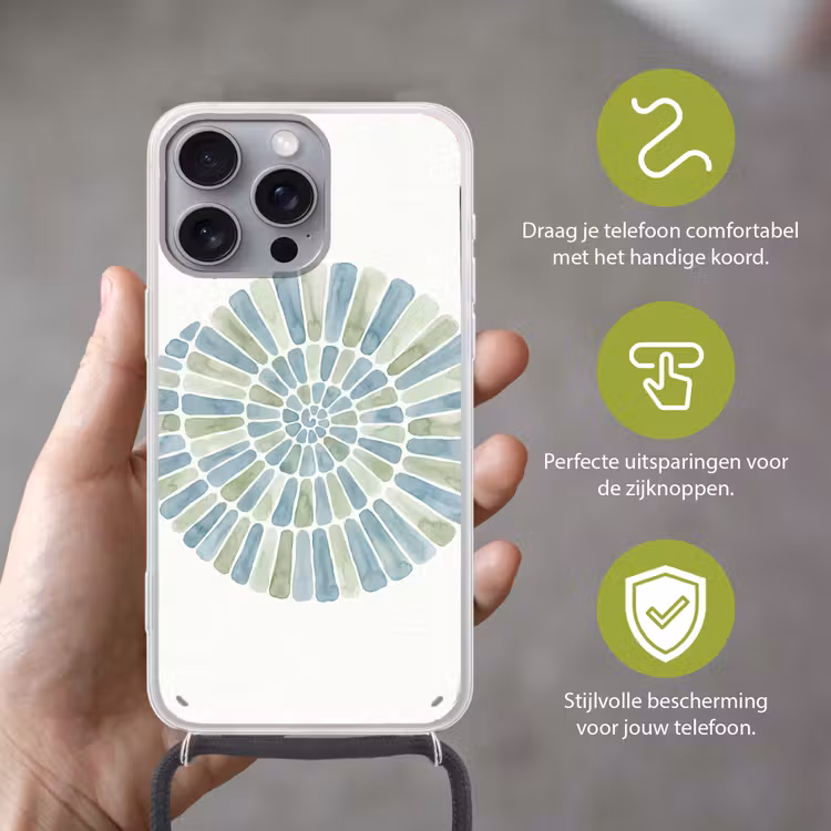 Abstract - Spiraal - Patroon - Modern - Blauw-Groen Hoesje iPhone 16 Pro Max met koord klein -sfeer2_NL