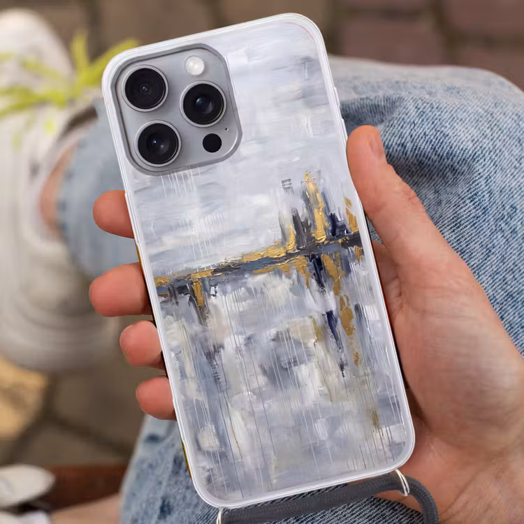 Abstract - Structuur - Goud - Grijs - Modern Hoesje iPhone 16 Pro Max met koord klein -sfeer3