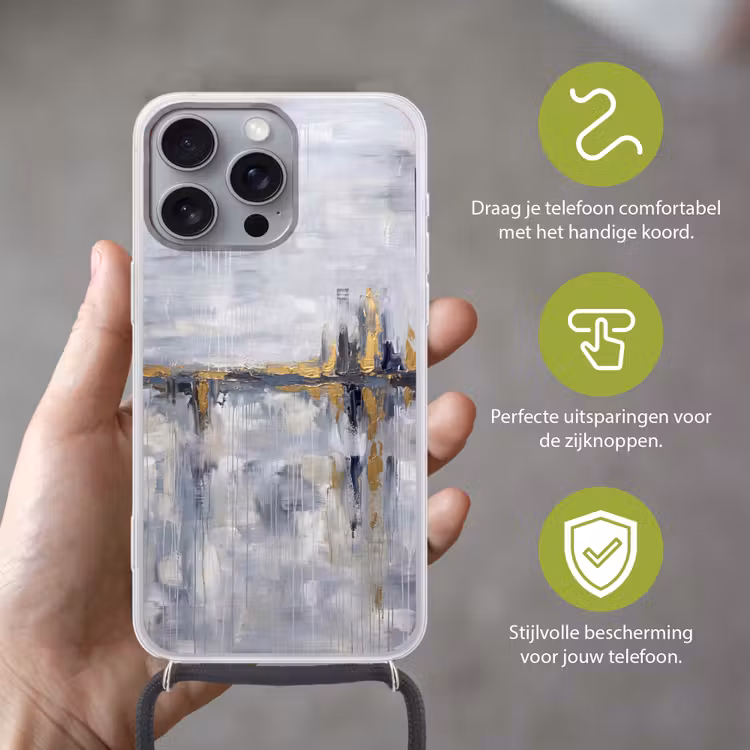 Abstract - Structuur - Goud - Grijs - Modern Hoesje iPhone 16 Pro Max met koord klein -sfeer2_NL