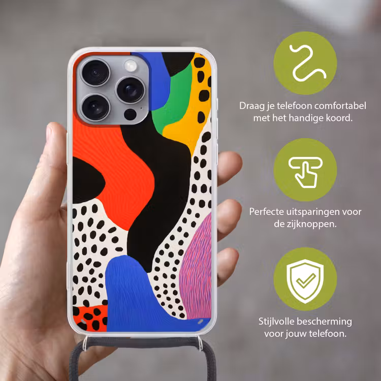 Abstract - Vormen - Kleuren - Stippen Hoesje iPhone 16 Pro Max met koord klein -sfeer2_NL
