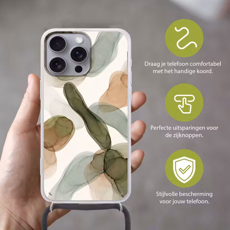 Abstract - Vormen - Modern - Kunst - Groen - Bruin Hoesje iPhone 16 Pro Max met koord klein -sfeer2_NL