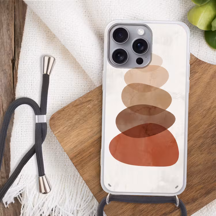 Abstractie - Gestapeld - Balans - Modern - Aardetinten Hoesje iPhone 16 Pro Max met koord klein -sfeer4