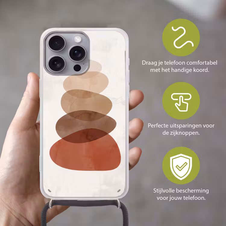 Abstractie - Gestapeld - Balans - Modern - Aardetinten Hoesje iPhone 16 Pro Max met koord klein -sfeer2_NL