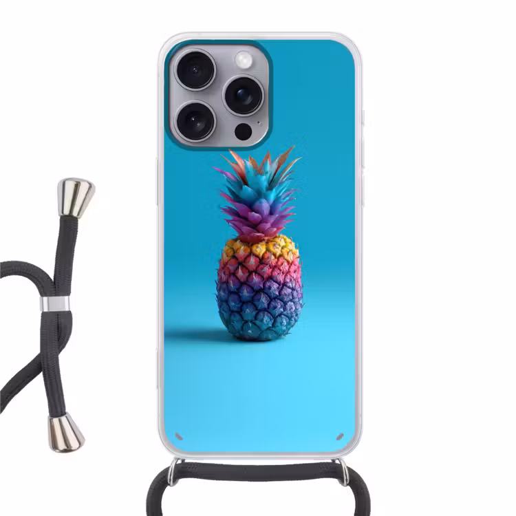 Ananas - Regenboog - Blauw - Popart Hoesje iPhone 16 Pro Max met koord klein -3d