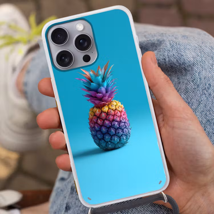 Ananas - Regenboog - Blauw - Popart Hoesje iPhone 16 Pro Max met koord klein -sfeer3