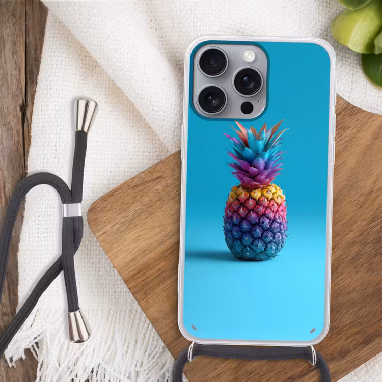 Ananas - Regenboog - Blauw - Popart Hoesje iPhone 16 Pro Max met koord klein -sfeer4