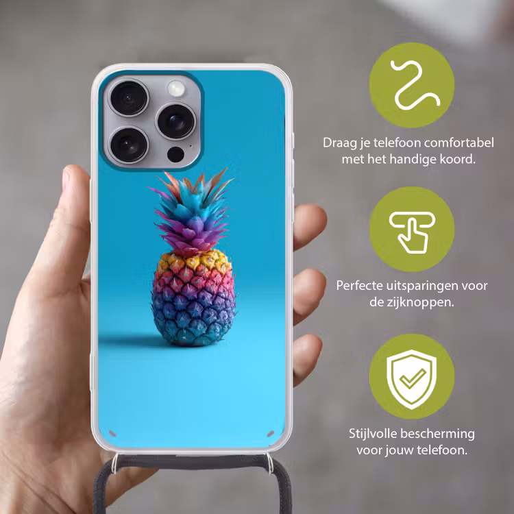 Ananas - Regenboog - Blauw - Popart Hoesje iPhone 16 Pro Max met koord klein -sfeer2_NL