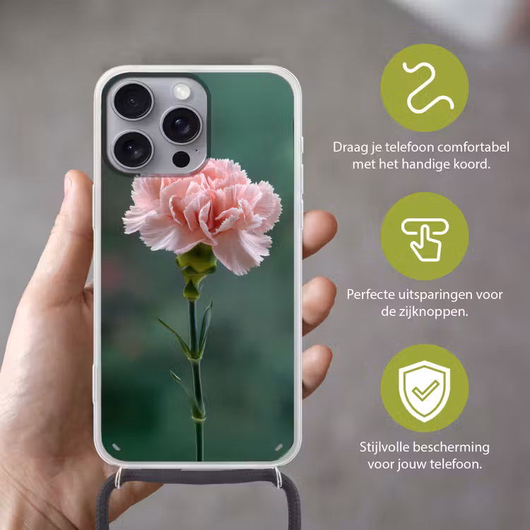 Anjer - Roze - Bloemblaadjes Hoesje iPhone 16 Pro Max met koord klein -sfeer2_NL