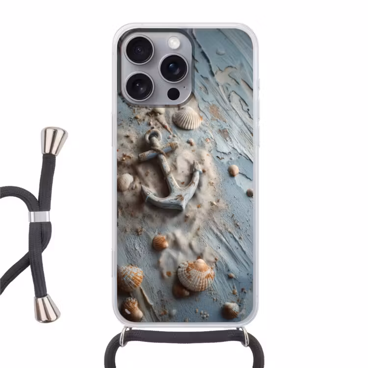 Anker - Hout - Schelpen - Zand Hoesje iPhone 16 Pro Max met koord klein -3d