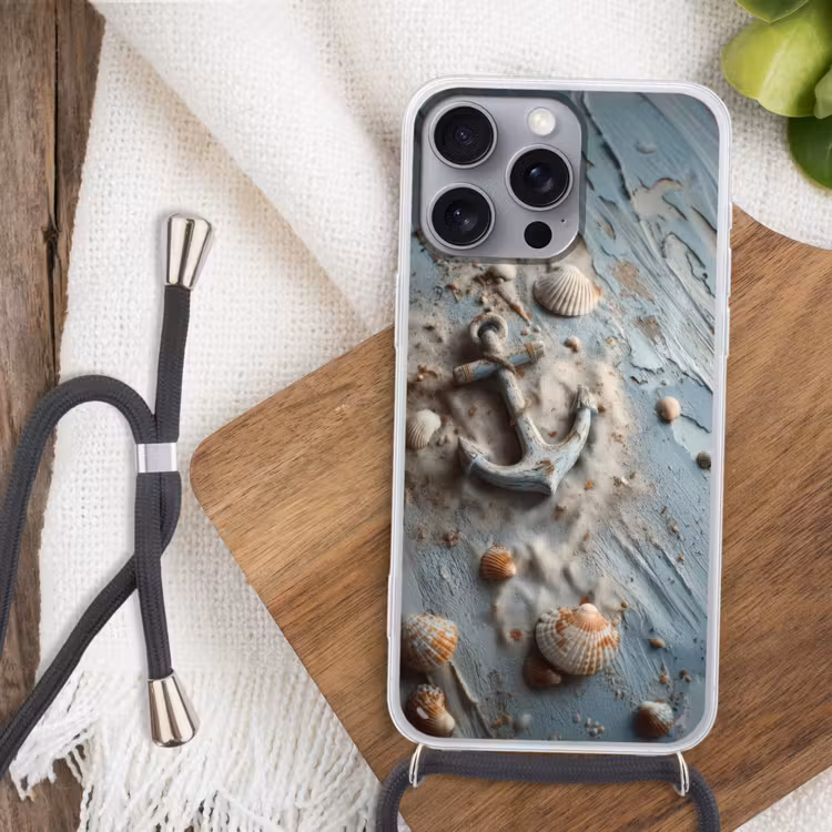 Anker - Hout - Schelpen - Zand Hoesje iPhone 16 Pro Max met koord klein -sfeer4