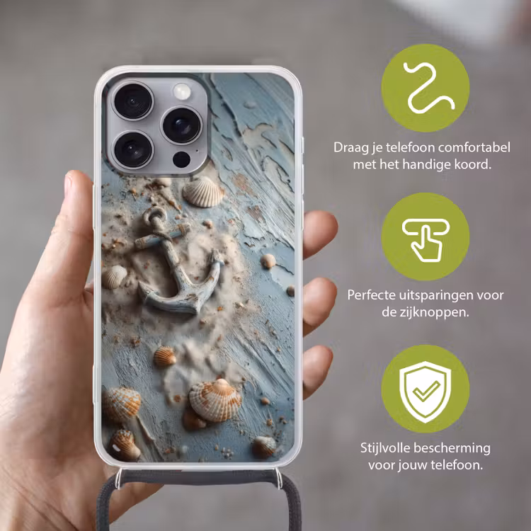Anker - Hout - Schelpen - Zand Hoesje iPhone 16 Pro Max met koord klein -sfeer2_NL