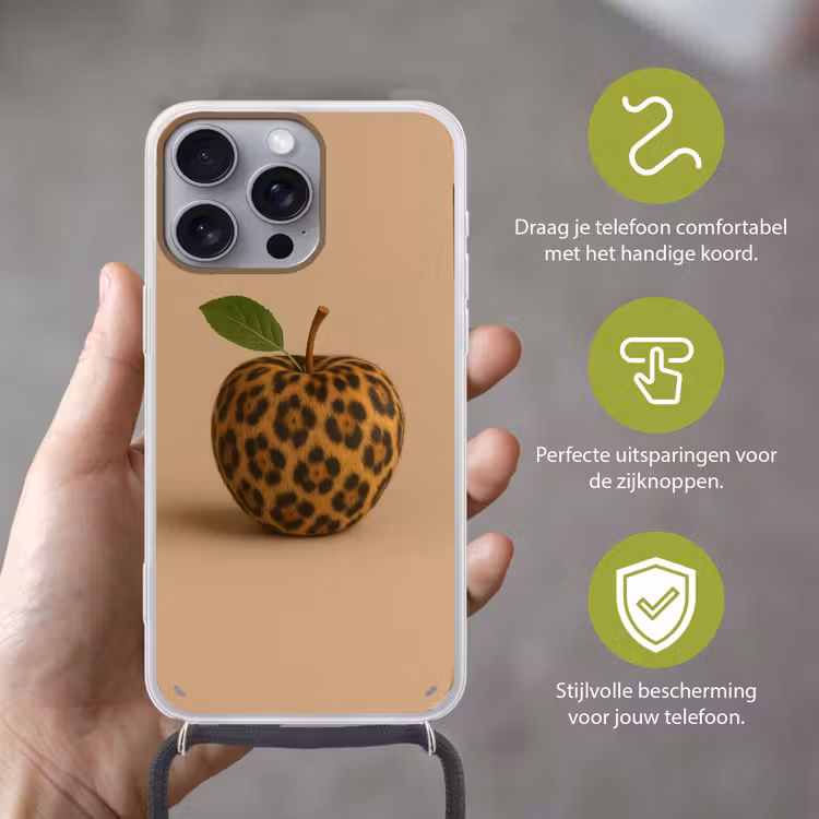 Appel - Panter - Blaadje - Groen Hoesje iPhone 16 Pro Max met koord klein -sfeer2_NL