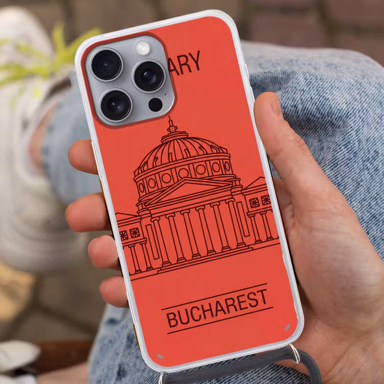 Architectuur - Boekarest - Stedelijk - Lijntekening - Rood Hoesje iPhone 16 Pro Max met koord klein -sfeer3