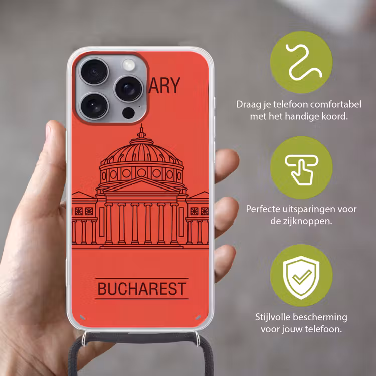 Architectuur - Boekarest - Stedelijk - Lijntekening - Rood Hoesje iPhone 16 Pro Max met koord klein -sfeer2_NL