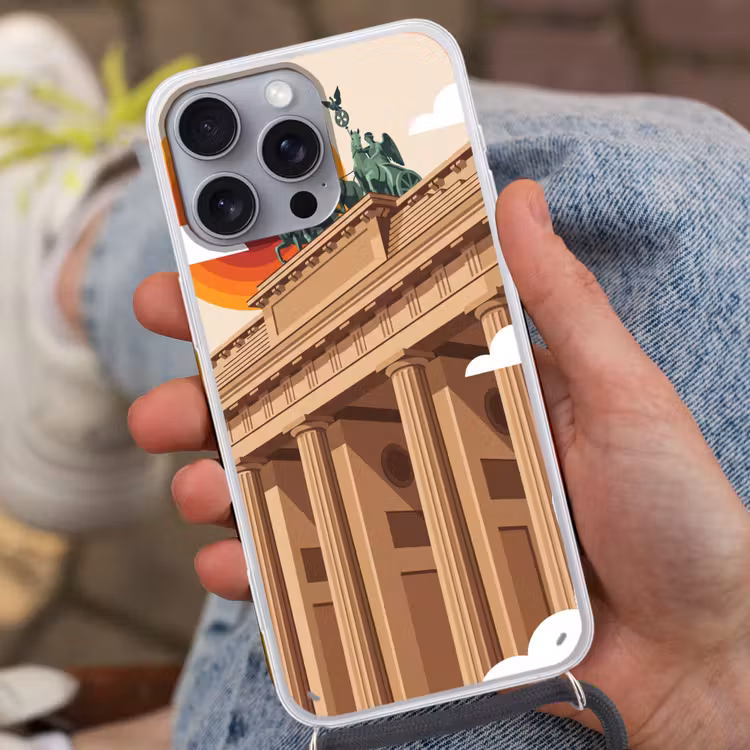 Architectuur - Brandenburg - Berlijn - Zonsondergang - Historisch Hoesje iPhone 16 Pro Max met koord klein -sfeer3