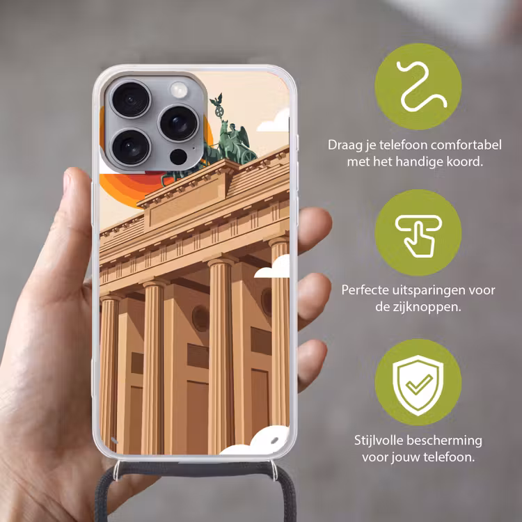Architectuur - Brandenburg - Berlijn - Zonsondergang - Historisch Hoesje iPhone 16 Pro Max met koord klein -sfeer2_NL