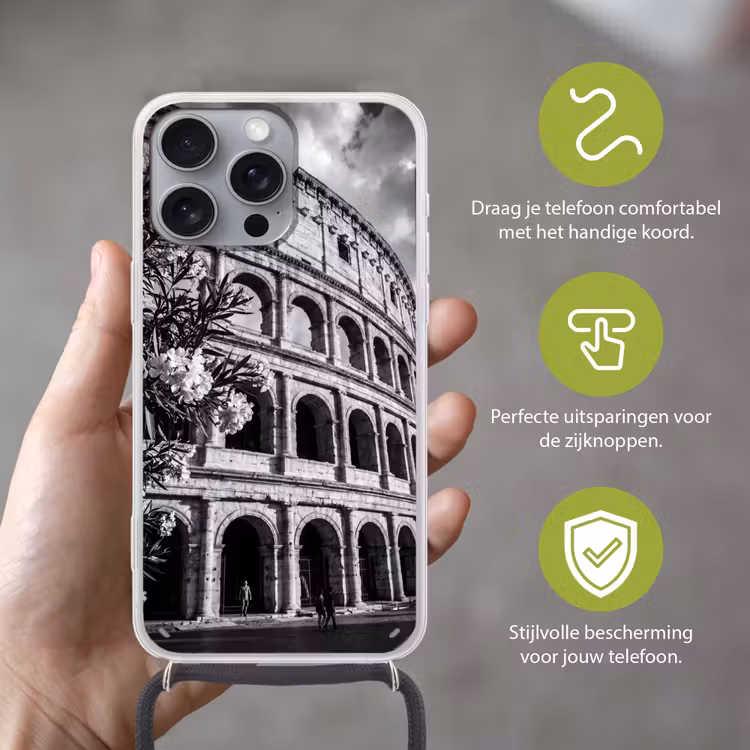 Architectuur - Colosseum - Rome - Historisch - Zwart-wit Hoesje iPhone 16 Pro Max met koord klein -sfeer2_NL