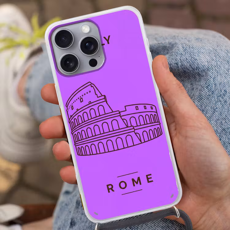 Architectuur - Colosseum - Rome - Minimalistisch - Paars Hoesje iPhone 16 Pro Max met koord klein -sfeer3