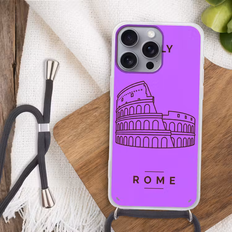 Architectuur - Colosseum - Rome - Minimalistisch - Paars Hoesje iPhone 16 Pro Max met koord klein -sfeer4