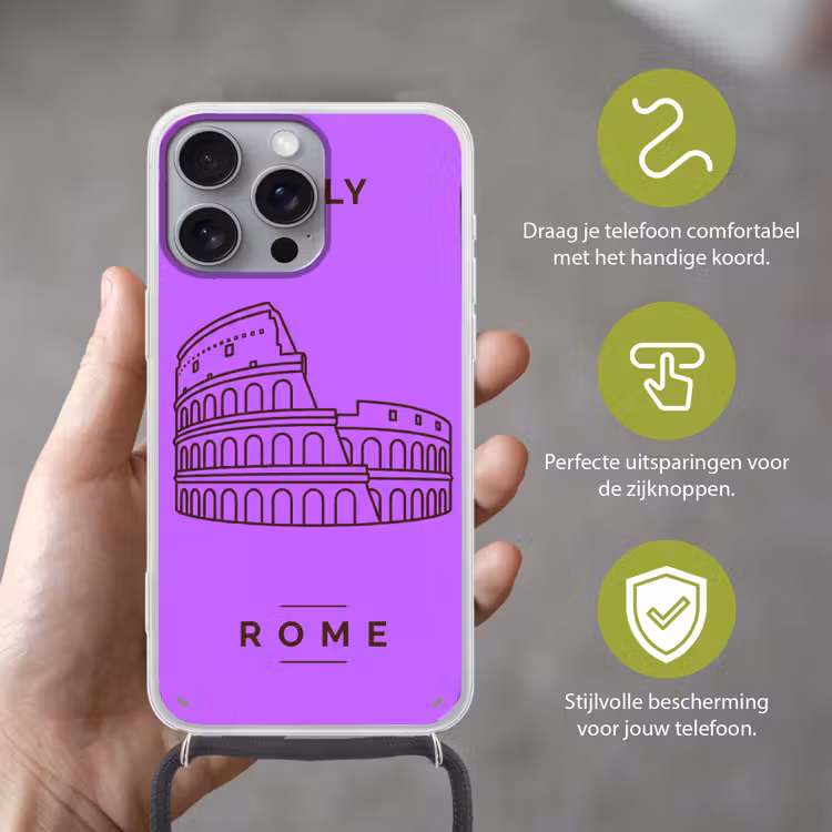 Architectuur - Colosseum - Rome - Minimalistisch - Paars Hoesje iPhone 16 Pro Max met koord klein -sfeer2_NL