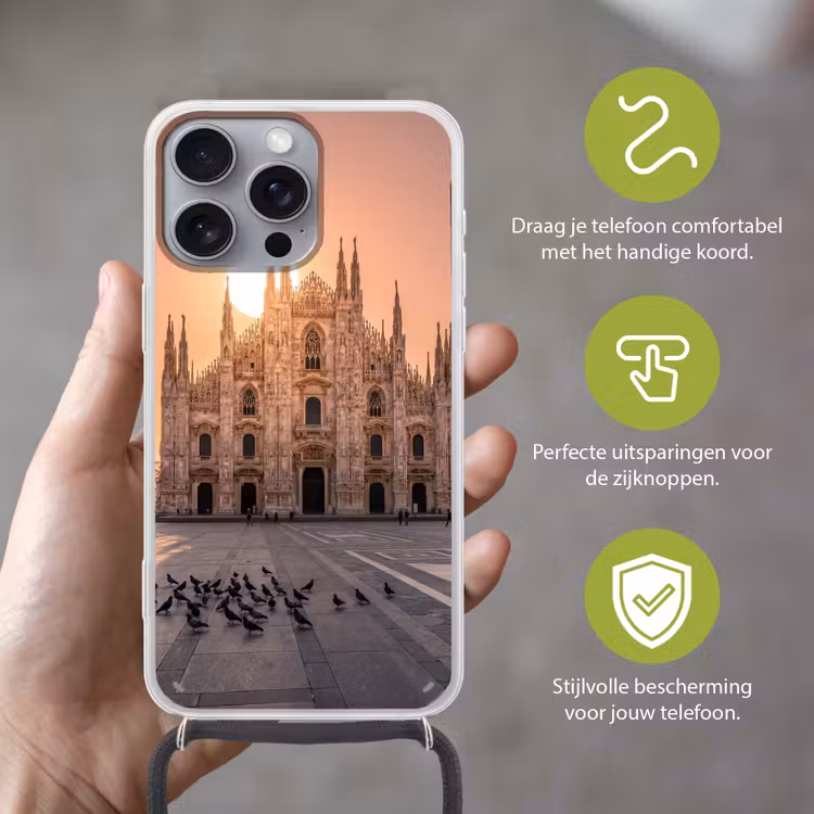 Architectuur - Milaan - Plein - Zonsopgang - Oranje Hoesje iPhone 16 Pro Max met koord klein -sfeer2_NL