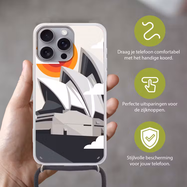 Architectuur - Stadsgezicht - Modern - Grijs - Oranje Hoesje iPhone 16 Pro Max met koord klein -sfeer2_NL