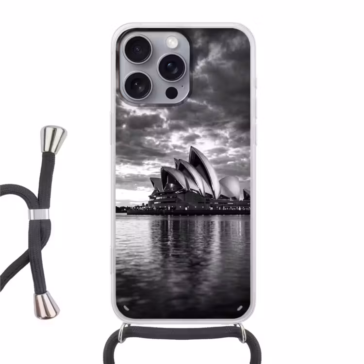 Architectuur - Water - Stad - Modern - Zwart-wit Hoesje iPhone 16 Pro Max met koord klein -3d