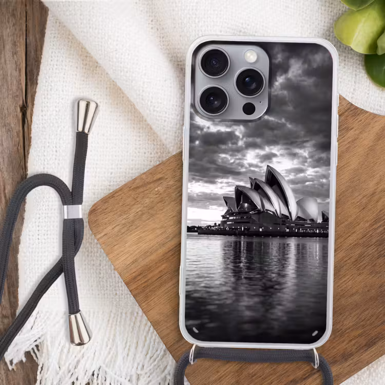 Architectuur - Water - Stad - Modern - Zwart-wit Hoesje iPhone 16 Pro Max met koord klein -sfeer4