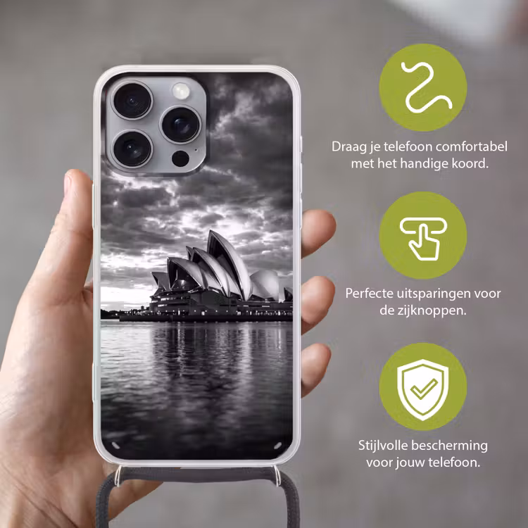 Architectuur - Water - Stad - Modern - Zwart-wit Hoesje iPhone 16 Pro Max met koord klein -sfeer2_NL