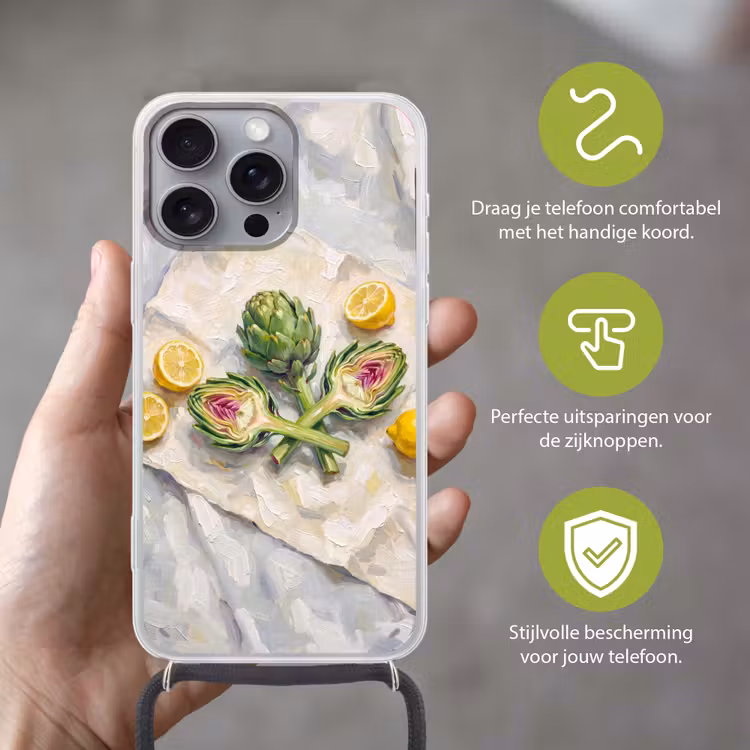 Telefoonhoesje met koord - Artisjok - Citroen - Eten - Artisjok - Citroen - Eten Hoesje iPhone 16 Pro Max met koord klein