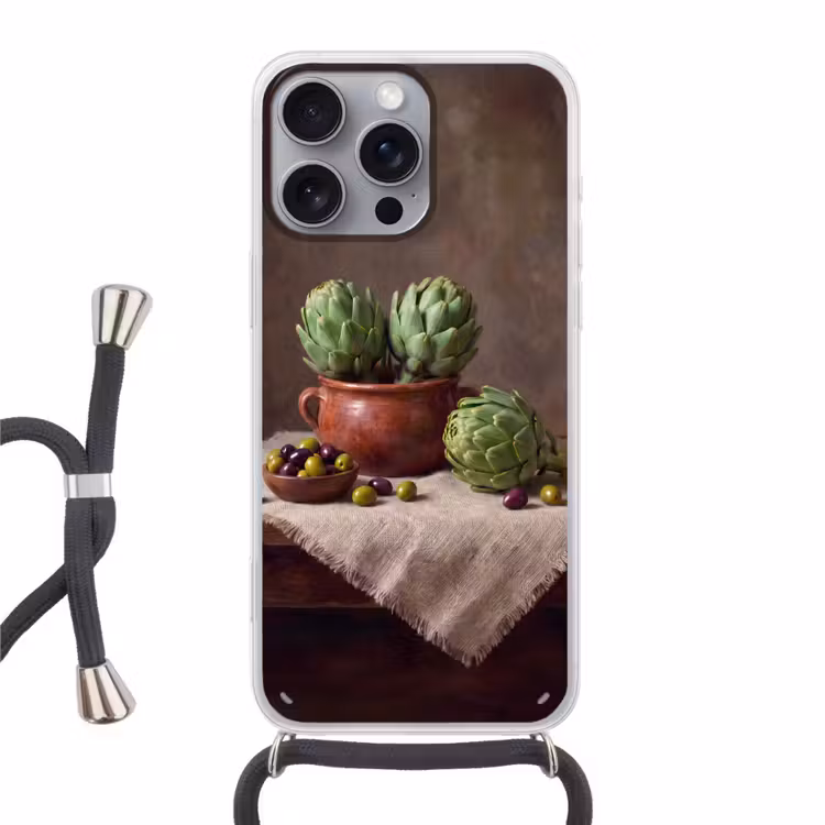 Telefoonhoesje met koord - Artisjokken - Olijven - Eten - Artisjokken - Olijven - Eten Hoesje iPhone 16 Pro Max met koord klein