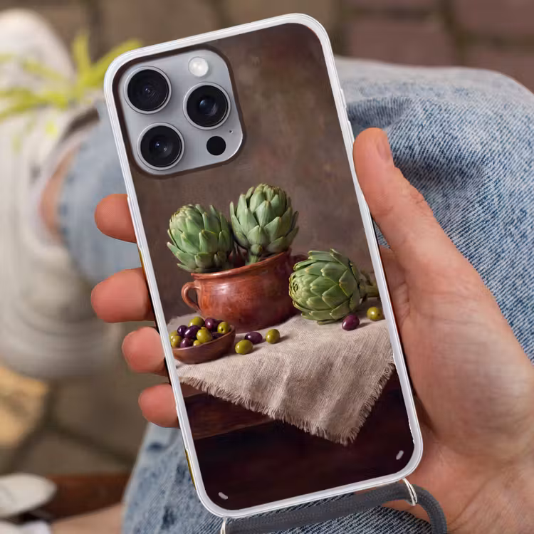 Telefoonhoesje met koord - Artisjokken - Olijven - Eten - Artisjokken - Olijven - Eten Hoesje iPhone 16 Pro Max met koord klein