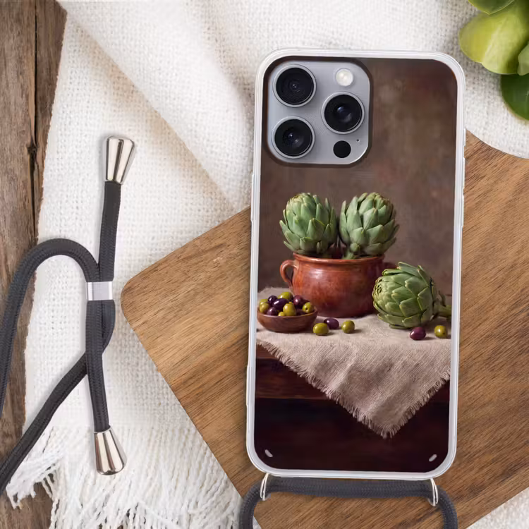 Telefoonhoesje met koord - Artisjokken - Olijven - Eten - Artisjokken - Olijven - Eten Hoesje iPhone 16 Pro Max met koord klein