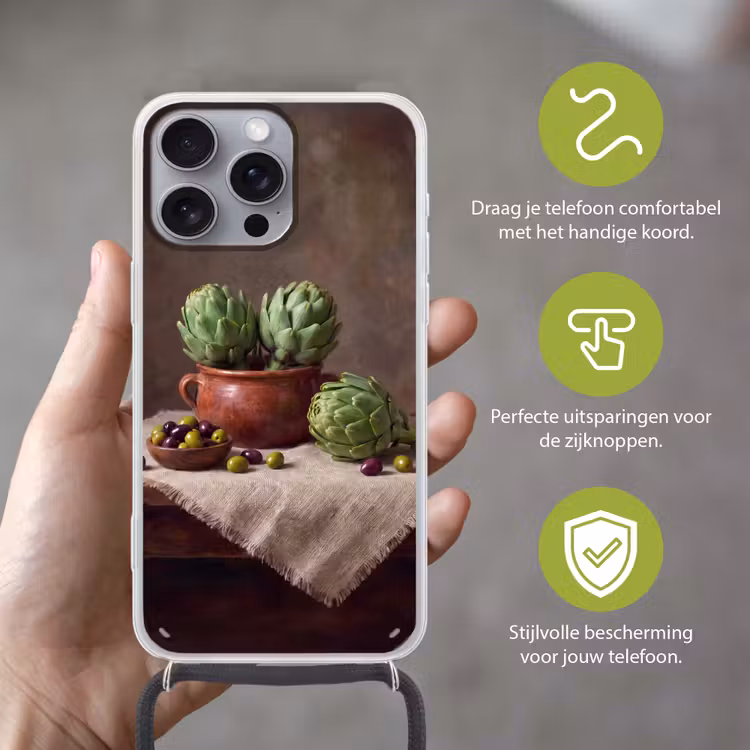 Telefoonhoesje met koord - Artisjokken - Olijven - Eten - Artisjokken - Olijven - Eten Hoesje iPhone 16 Pro Max met koord klein
