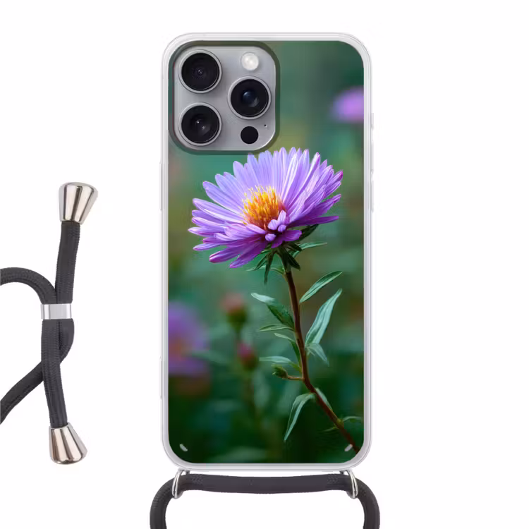 Aster - Paars - Bloem - Blaadjes Hoesje iPhone 16 Pro Max met koord klein -3d