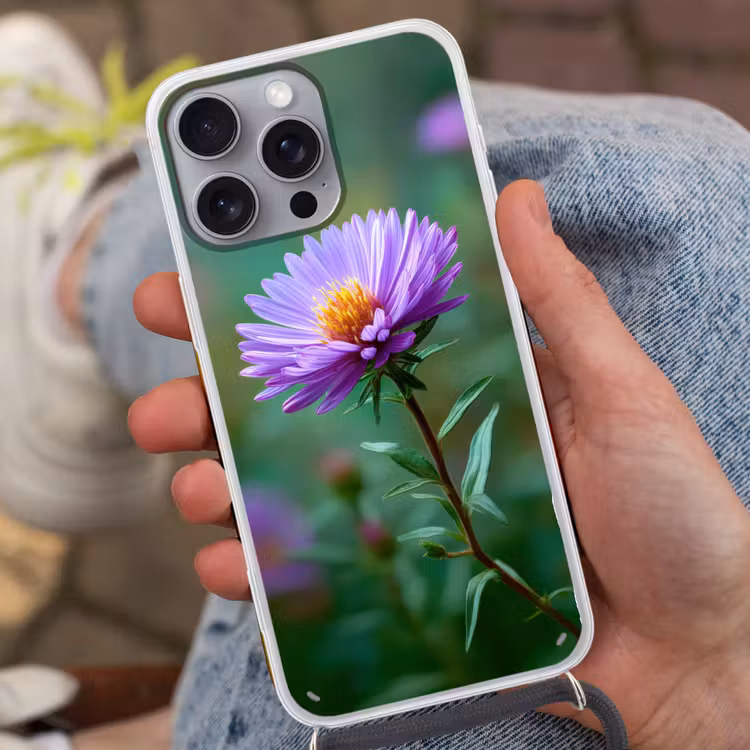 Aster - Paars - Bloem - Blaadjes Hoesje iPhone 16 Pro Max met koord klein -sfeer3