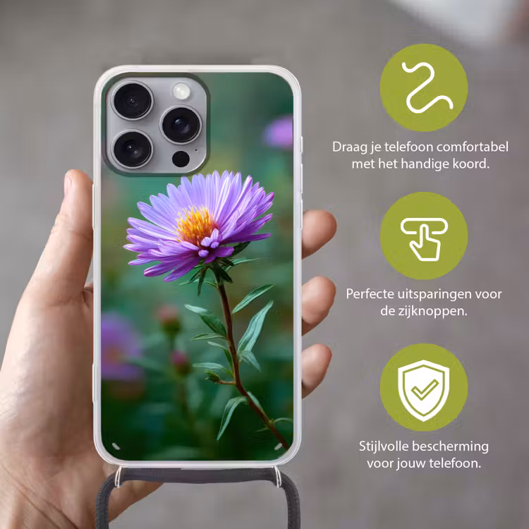 Aster - Paars - Bloem - Blaadjes Hoesje iPhone 16 Pro Max met koord klein -sfeer2_NL