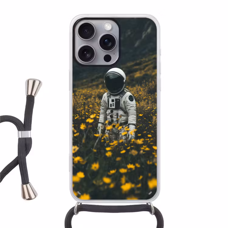 Astronaut - Bloemen - Veld - Geel Hoesje iPhone 16 Pro Max met koord klein -3d